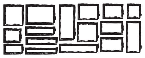 Set of rectangular grunge brush template. Rectangle brush stroke, ink paint brush, grunge lines. Black square shapes ,Collection of square rectangles brush shape vector isolated on white background