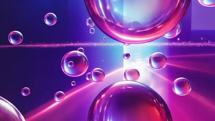 Vibrant spheres float in a purple and pink gradient, illuminated by neon light beams - Powered by Adobe