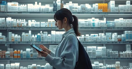 A woman uses a tablet to check information on products in a brightly lit pharmacy.