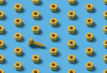 Seamless isometric background of nuts and bolts. 3D illustration.