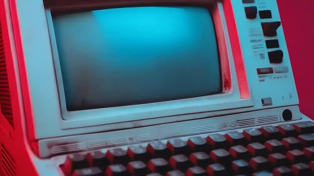 Retro computer setup from the 80s in a neon-lit room, nostalgia and technological history