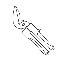 Garden Pruning Shears Tool Outline Vector Illustration. This black and white vector illustration depicts a garden pruning shear, drawn in a clean and precise outline style.
