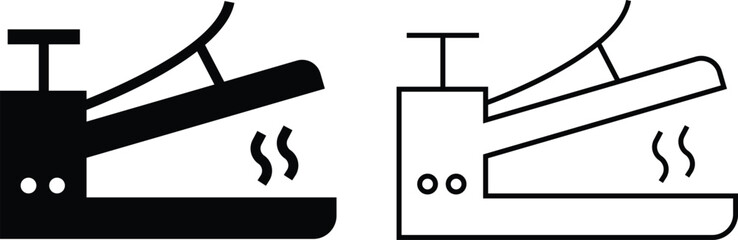 Heat press flat, line icon set. Cloth, hair straightener electric machine tool symbol. Vectors household hand iron device. Electronic hot steam seal maker. Plastic bag logos on transparent background.