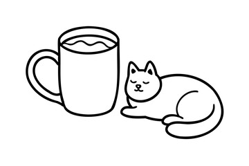 Cozy cat napping near a mug of warm drink lineart illustration