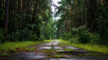 Obraz premium Overgrown Abandoned Road in Lush Pine Forest