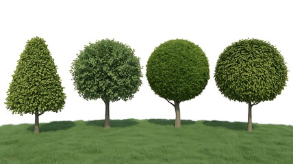 Four stylized trees on a grassy knoll, perfect for landscaping design projects.