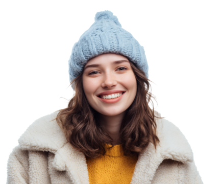 Happy woman in winter attire smiles brightly at the camera, radiating joy and warmth. - Powered by Adobe