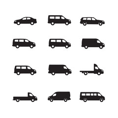 Twelve black silhouettes of various vehicles
