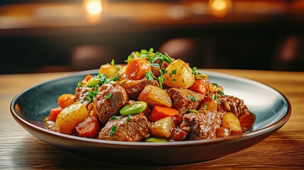 Boeuf bourguignon Delicious dish served in a black bowl with vibrant ingredients.