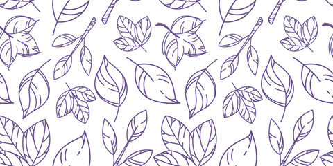 Vector seamless pattern of many big linear leaves hand drawn. Simple nature background. Outline plant. Doodle foliage art. Autumn contour print. Editable stroke. Kids style fabric wallpaper swatch