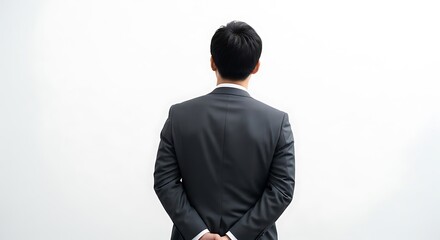 A man in a formal suit stands with his back to the viewer against a plain white background his hands clasped behind him a study in understated professionalism and anticipation.