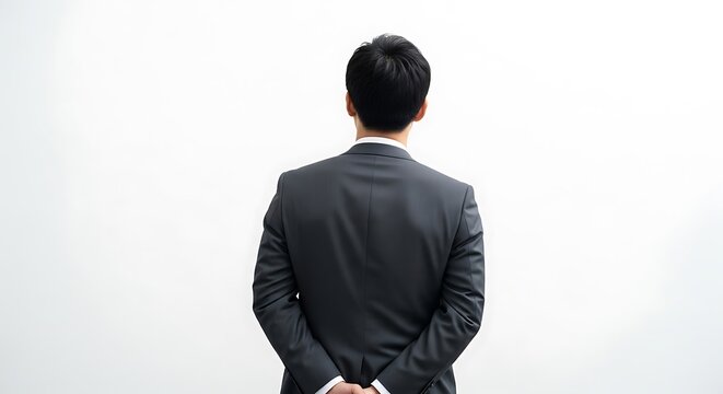 A man in a formal suit stands with his back to the viewer against a plain white background his hands clasped behind him a study in understated professionalism and anticipation. - Powered by Adobe