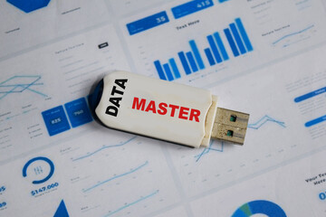 USB drive with text Master data and tax form. Business and finance concept