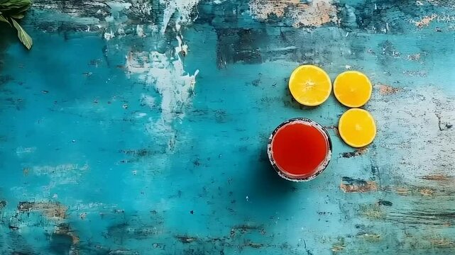 Refreshing Citrus Still Life: Vibrant Juices on Textured Turquoise Backdrop