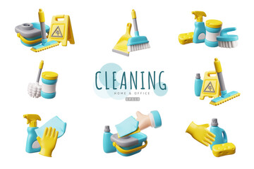 3D set of home and office cleaning tools, vector realistic collection of cleaning accessories and housekeeping equipment