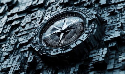 Obraz premium Futuristic compass embedded in abstract cube wall; navigation, technology, future