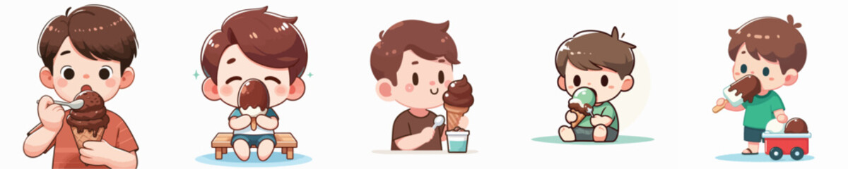 vector of a litte boy eating chocolate ice cream