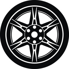 A close-up view of a shiny alloy car wheel with a tire, highlighting its round metallic design and automotive style