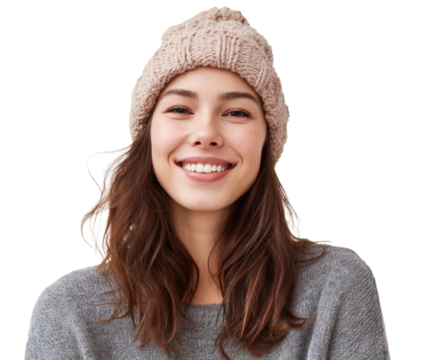 Smiling young woman wearing a knit hat enjoying a moment of joy and happiness.