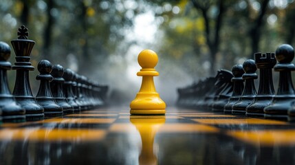 A single yellow pawn stands amidst many black chess pieces in a park setting