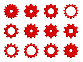 Collection of twelve red gear icons in various styles. 3D style png image for settings, engineering, system tools, or UI/UX design. Isolated on transparent background, ideal for apps and infographics.