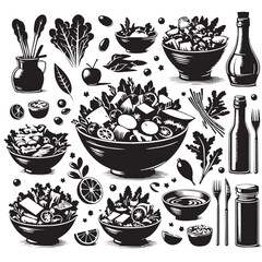 Black Caesar Salad Silhouette Vector, High Quality Illustration on White Background