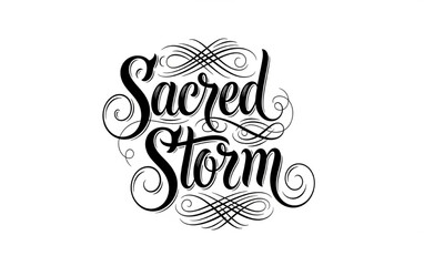 Sacred Storm Typography Design with Ornate Swirls | Elegant Calligraphy Logo for Branding, Apparel and Spiritual Themes