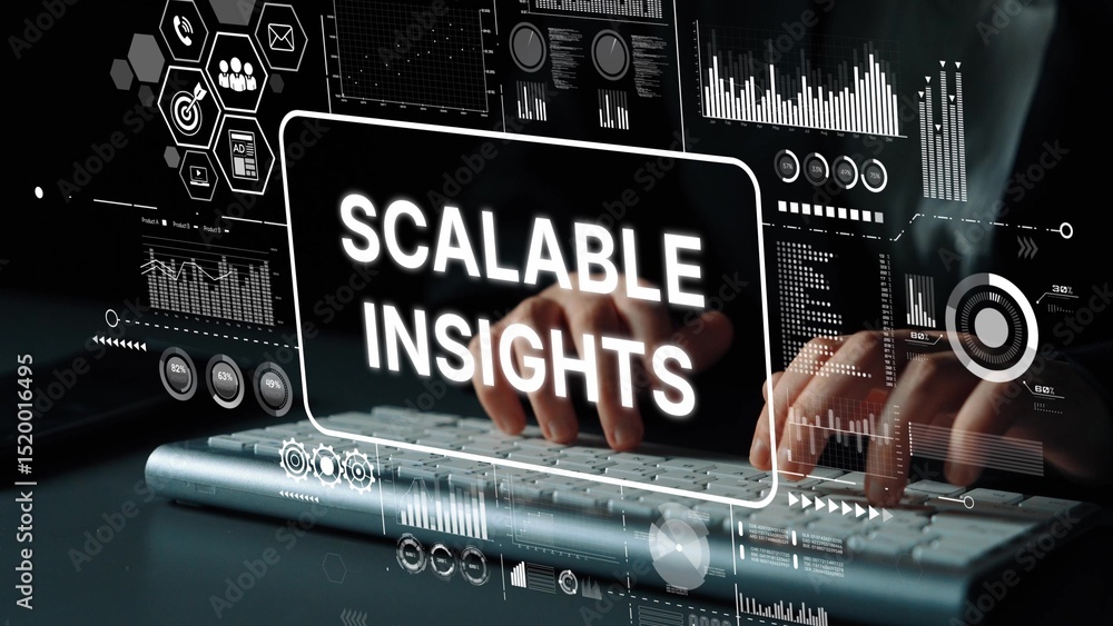 Poster hands typing on keyboard with digital display showing data analysis and scalable insights concept in
