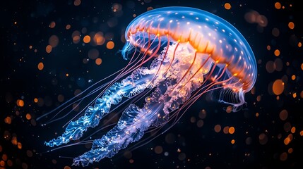 Fototapeta premium Luminous jellyfish underwater with glowing tentacles.