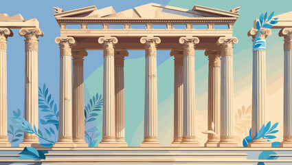 Fototapeta premium Ancient Greek columns with decorative details and leaves in a classical architectural style