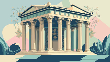Fototapeta premium Classical temple structure with columns and decorative plants in a modern artistic style