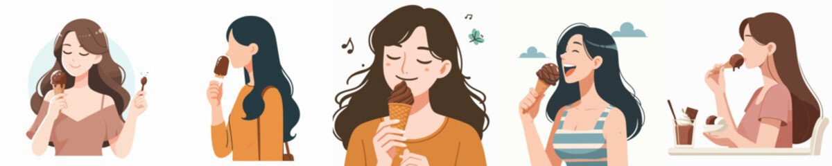 vector of a woman eating chocolate ice cream