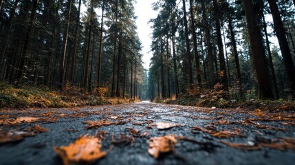Autumn Forest Road Fallen Leaves, Pine Needles, and Tranquil Ambiance