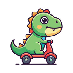 Cute Dinosaur Riding Scooter – Flat Cartoon Vector Icon of Animal Transportation Concept
