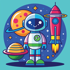 Astronaut, Alien, Rocket and UFO in Space – Flat Cartoon Vector Icon for Science and Technology Concepts
