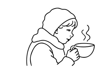Child in winter hat drinking warm beverage lineart illustration