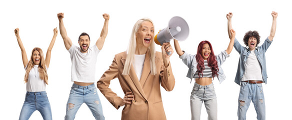 Woman shouting with a megaphone and people cheering in the back