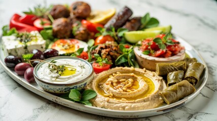 A dish of Greek meze with hummus seasoned with olive oil and pine nuts, creamy tzatziki, feta cheese with dried oregano and olive oil, kalamata olives, tomatoes, meatballs and tightly rolled rolls.