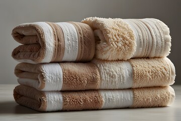 Stacked Beige and White Bath Towels for Luxurious Hotel Spa
