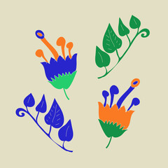 Cartoon colored branch, flower . Hand drawn.