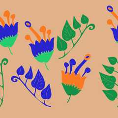 Horizontal stylized  colored branch, flower . Hand drawn.