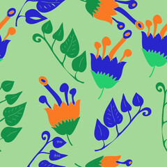 Seamless doodle  colored branch, flower . Hand drawn.