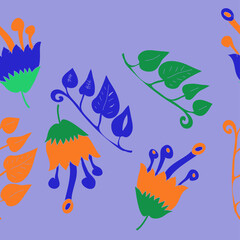 Horizontal arrangement  colored branch, flower . Hand drawn.