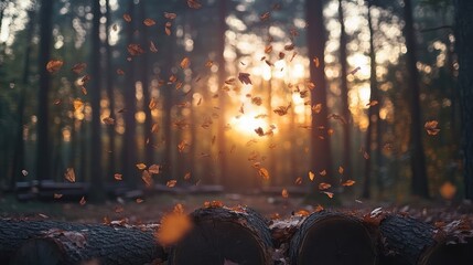 Autumn leaves fall in a sunlit forest