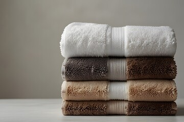 Clean Stack of Bath Towels in White, Brown, and Grey
