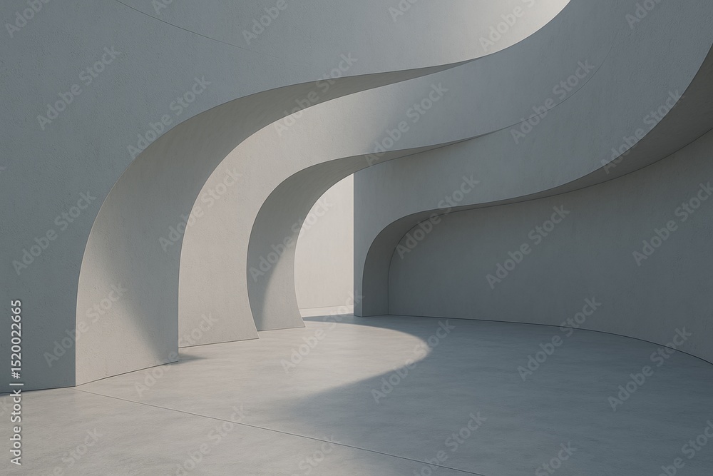 Poster smooth white curved walls gracefully flow through a concrete floored space, creating a modern and el