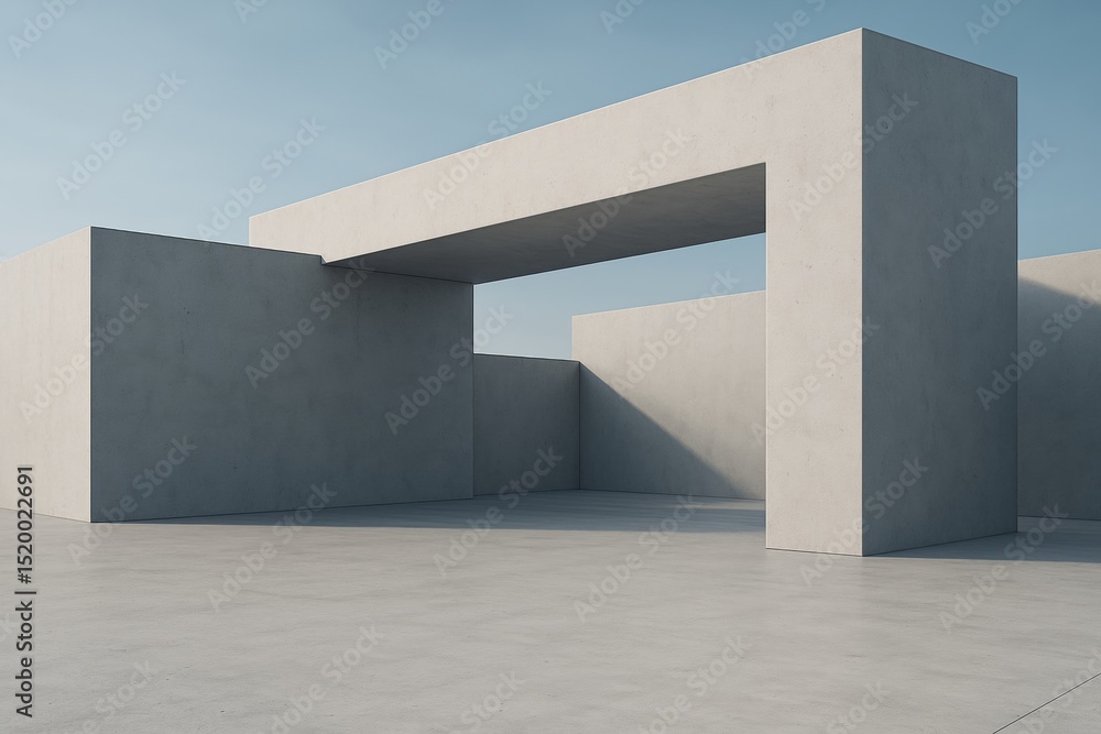Poster concrete structure resembling a bridge joining two walls in a modern architectural setting, with a c
