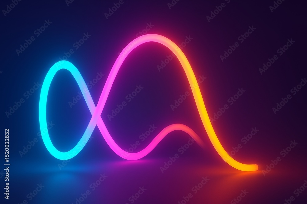 Poster vibrant neon light trails form an infinity symbol and a wave pattern, illuminating a dark background