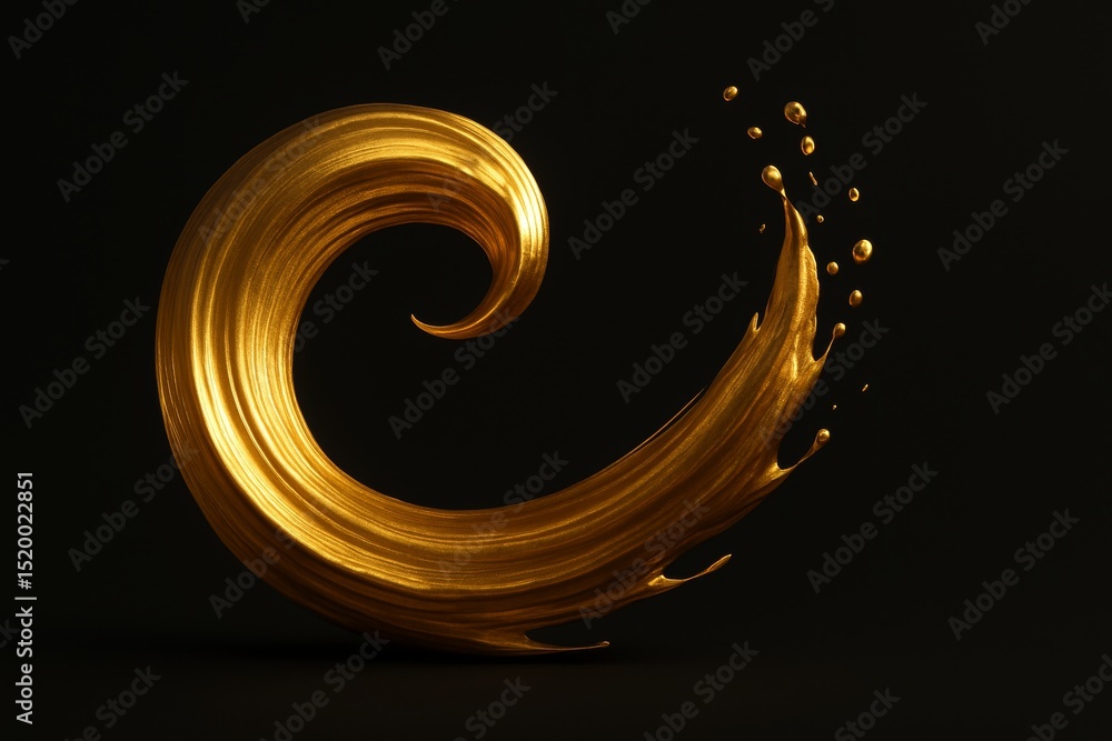 Poster golden liquid splashing and swirling, forming a spiral against a dark backdrop, creating a visually 