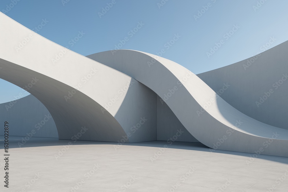 Poster featuring smooth, white futuristic architecture with flowing curves and elegant arches under a brigh